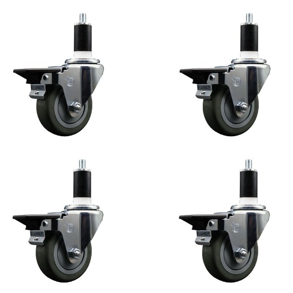 3.5'' Gray Poly Swivel 1-3/8'' Expanding Stem Caster Set with Brake, 4PK
